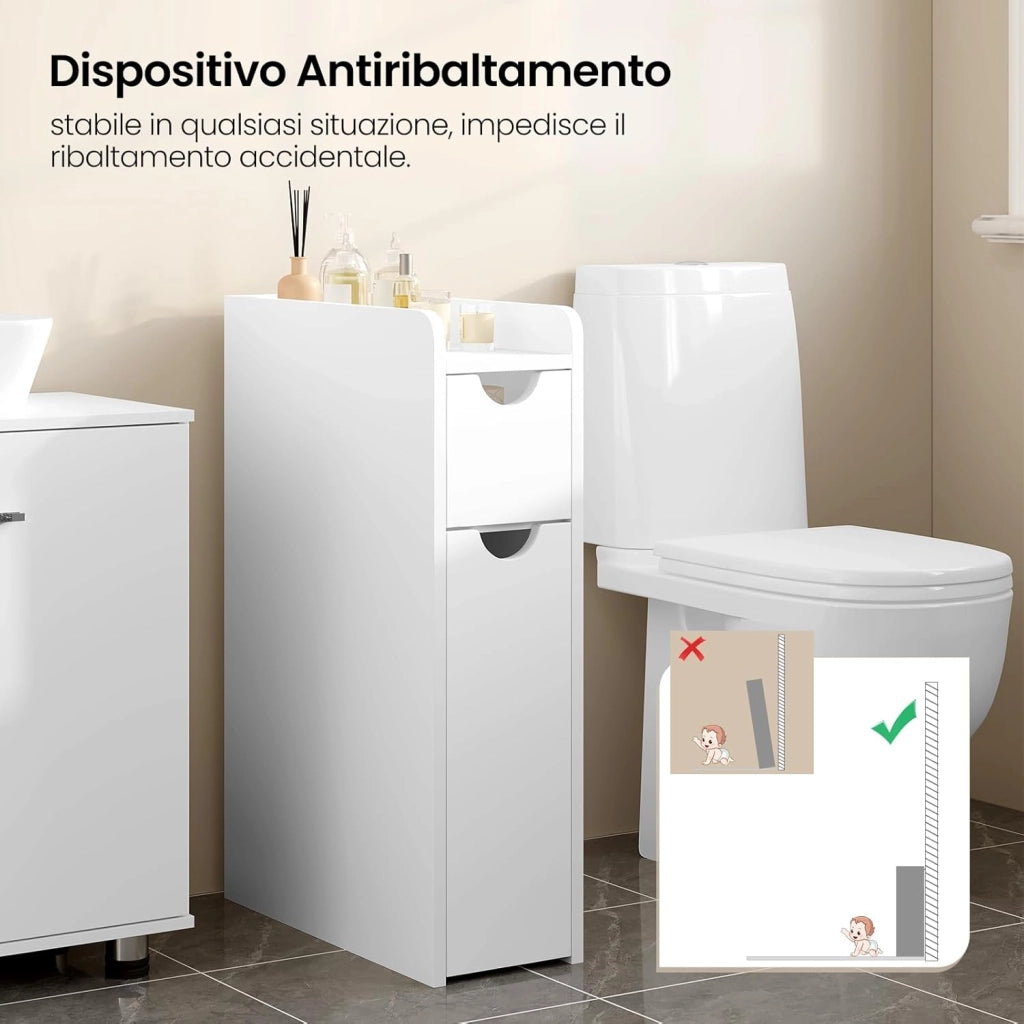 Mobile Bagno Stretto con 2 Cassetti, Mobiletto Compatto Salvaspazio, Armadietto Bagno Verticale, Multifunzionale con Ripiano Aperto, Bianco