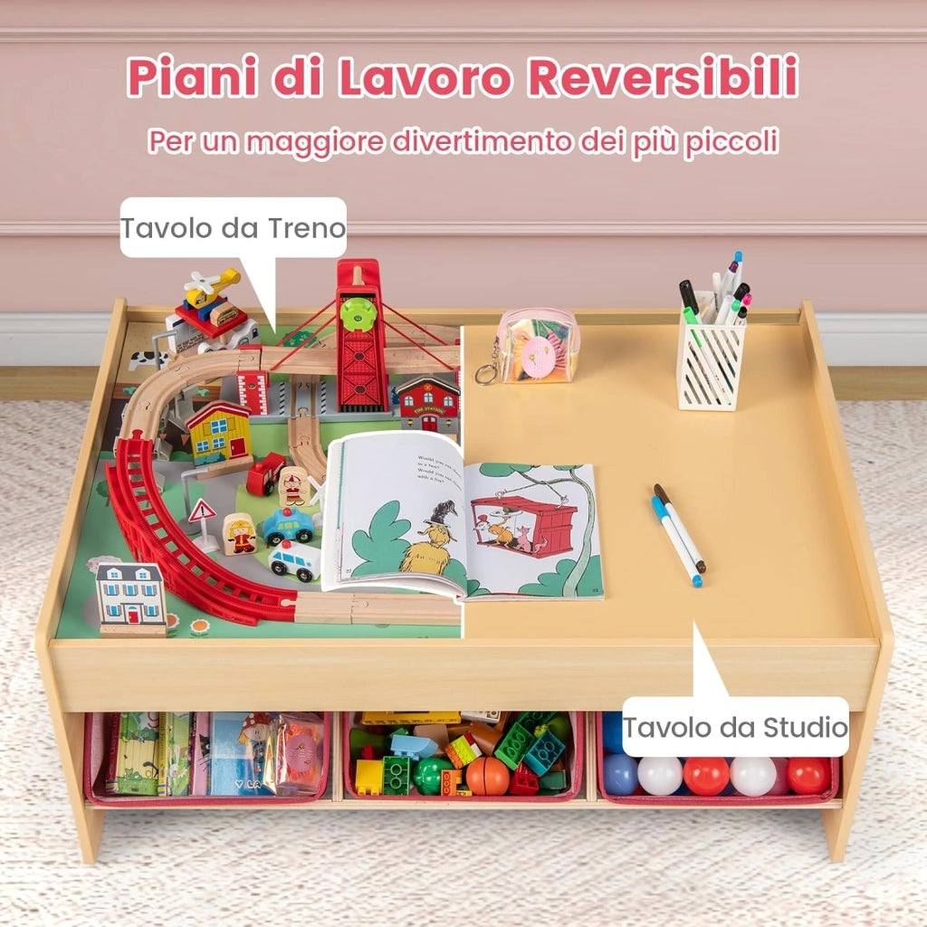 Tavolo con Set di Treni per Bambini 3+ Anni, Tavolo da Gioco Multifunzionale in Legno con 2 Superfici Reversibili, 3 Cassetti in Tessuto e Accessori per Binari, Scrivania da Gioco