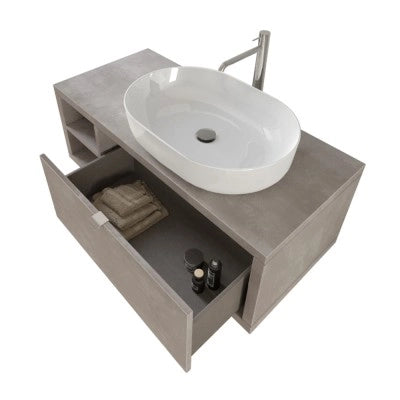 Mobile bagno sospeso 110 cm grigio cemento con cassetto e vano a giorno completo di lavabo e specchio Master