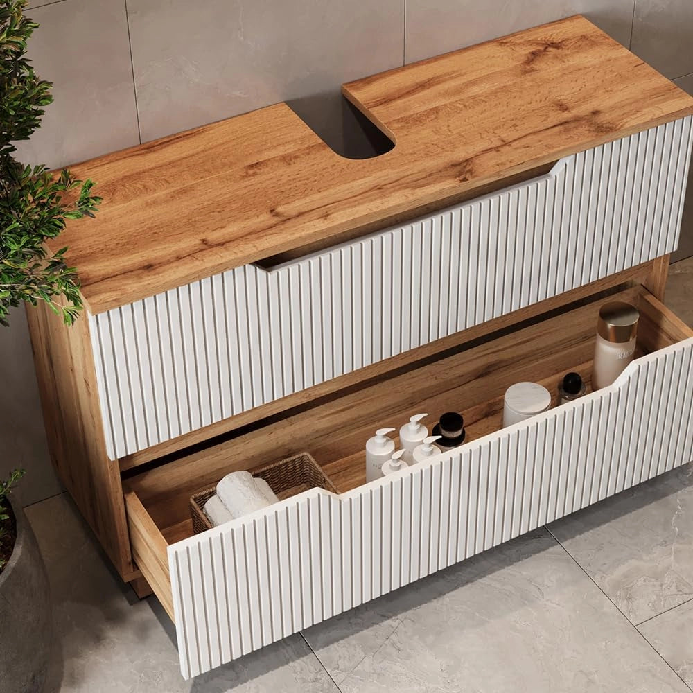 Mobile sottolavabo per bagno Lotta, Rovere/bianco a strisce, 99.4 x 62.5 cm con 2 cassetti