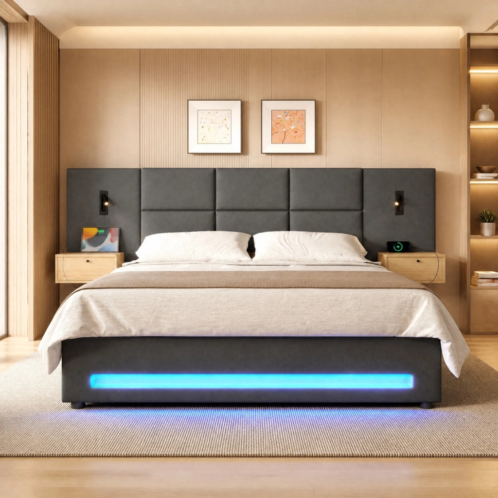 Letto 180x200 cm in velluto grigio scuro con LED e USB-C