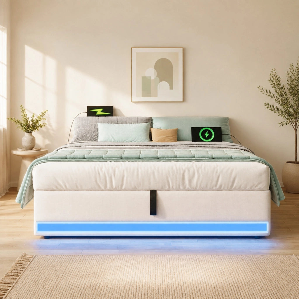 Letto imbottito 140x200 cm con LED, USB e porta Type-C, contenitore idraulico e tasche laterali