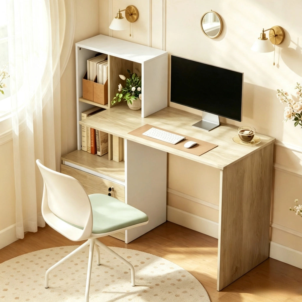 Scrivania per computer con libreria 4 vani e cassetto con serratura, bianco e rovere chiaro