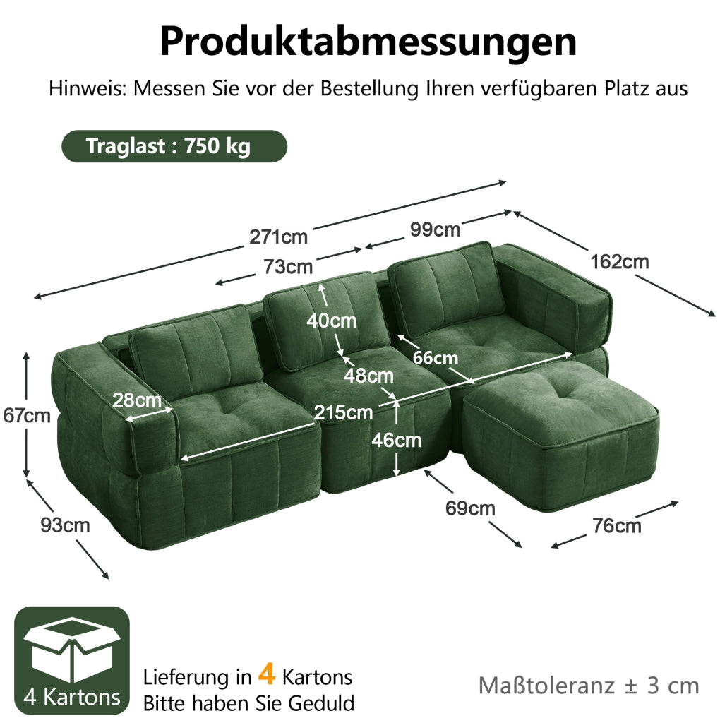Divano modulare angolare 3 posti con pouf 271x162x67 cm in poliestere verde
