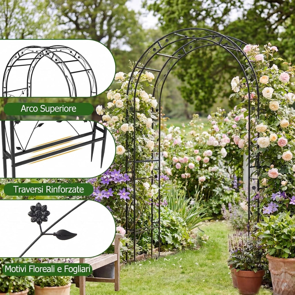 Arco da Giardino, Pergolato per Piante Rampicanti, Vite e Rose | Pergola Decorativa con Motivi a Foglia da Giardino, Ingresso, Viale e Cortile per Matrimonio e Festa, 138 x 59 x 213 cm