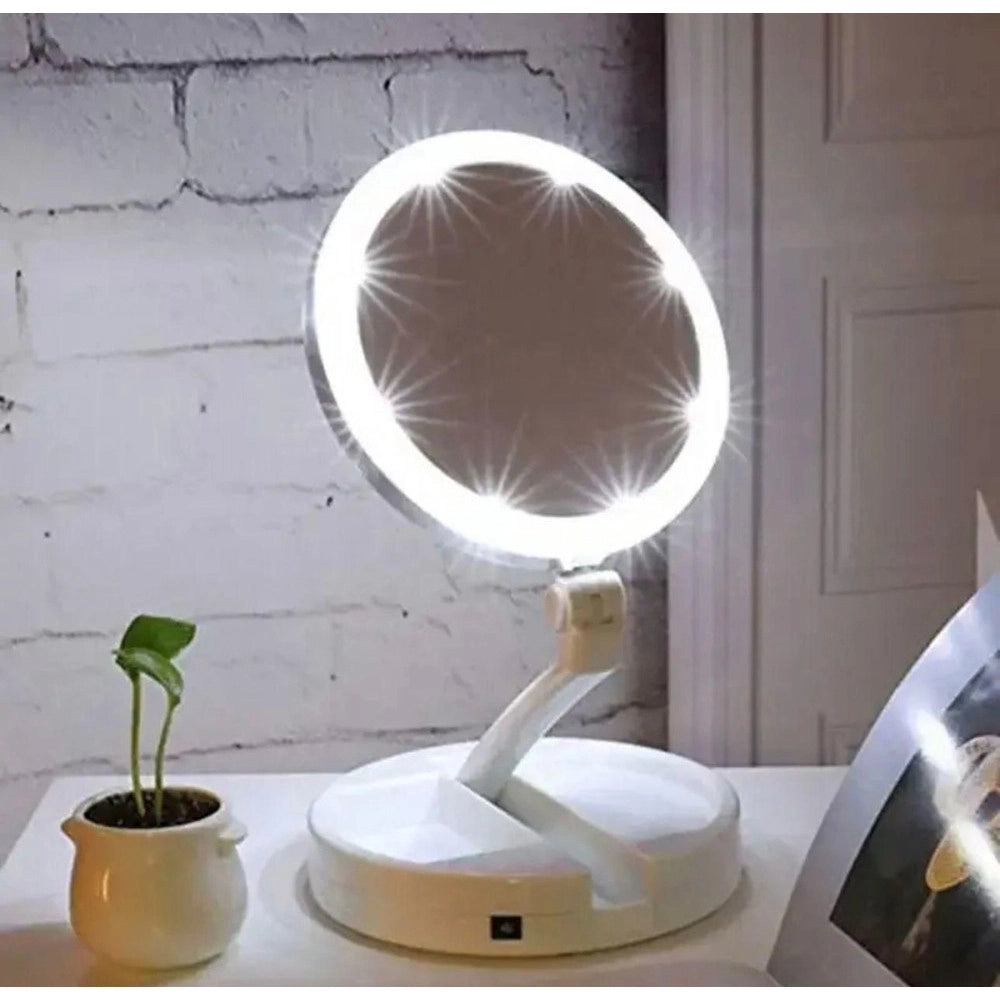 Trade Shop - Specchio Trucco Luce Led Da Tavolo Bifacciale 10x/1x 360° Contenitore Portatile Pieghevole -