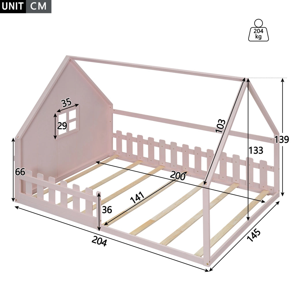 Letto per bambini a casetta rosa 140x200 cm in legno di pino con sponde