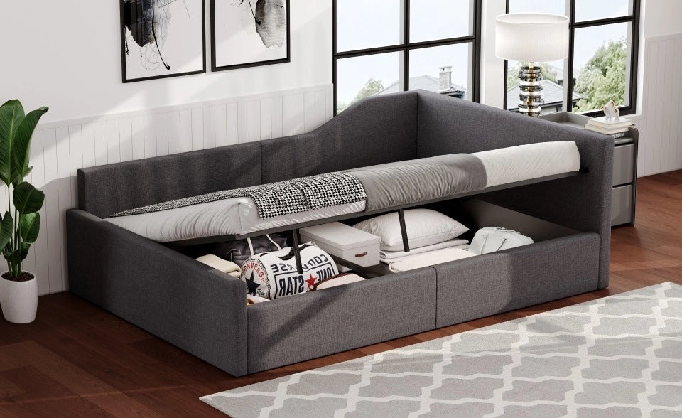 Letto Giorno Imbottito 140x200 cm con Contenitore Sotto, Grigio