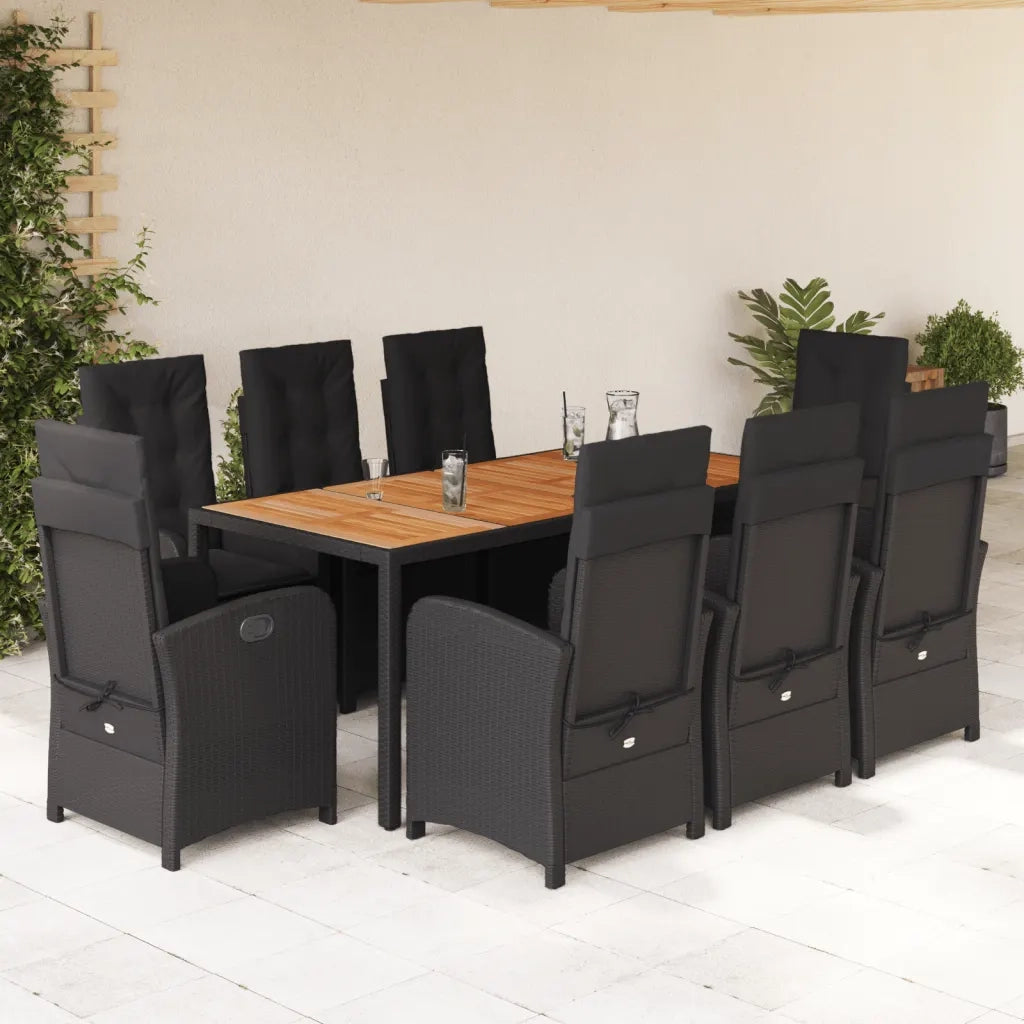 Set da Pranzo da Giardino 9 pz con Cuscini Nero in Polyrattan