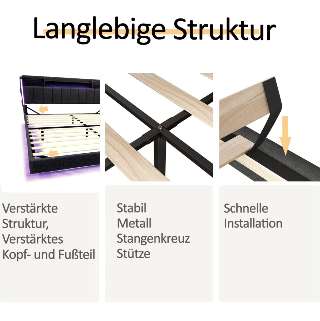 Letto matrimoniale imbottito 140x200 cm con LED e USB, grigio