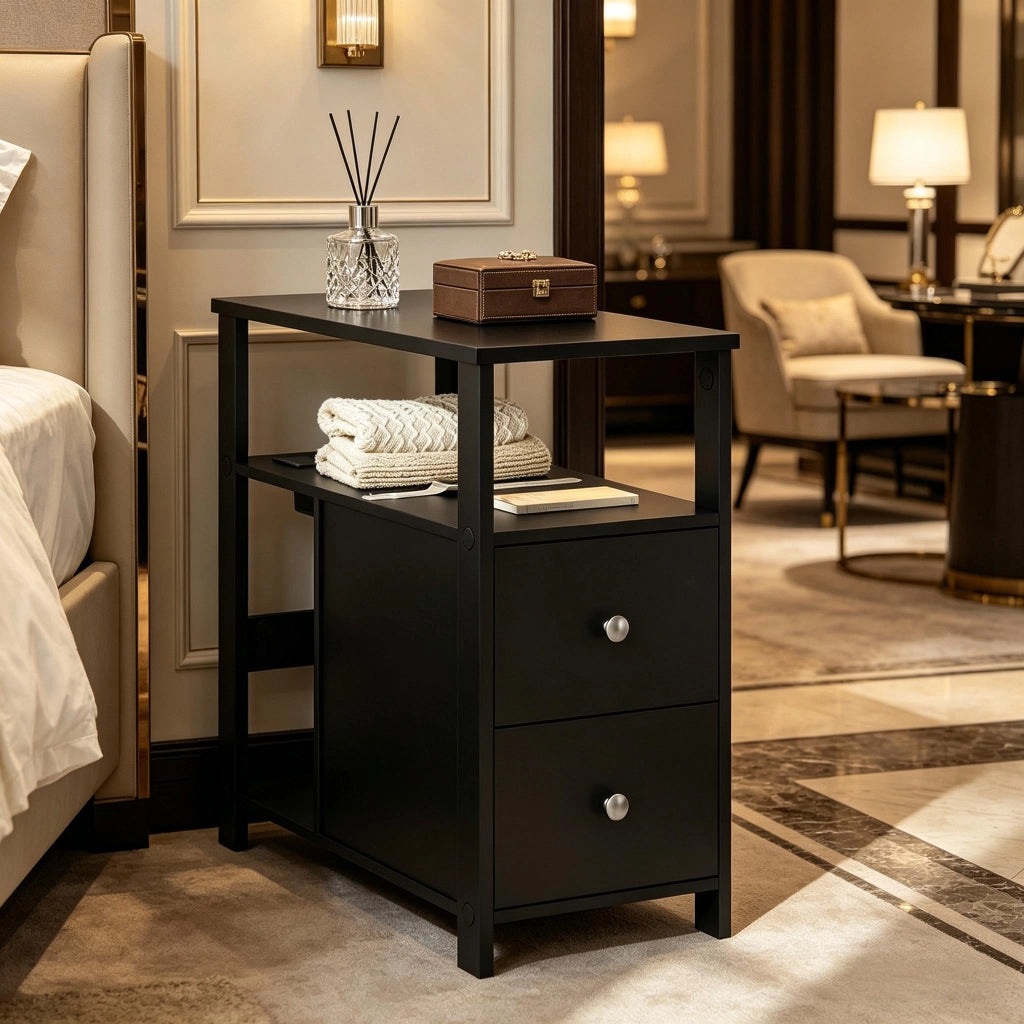 Tavolino basso con 2 cassetti e 2 vani aperti, prese di corrente e USB, per soggiorno e camera da letto, nero, 60 × 60 × 30 cm