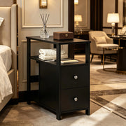 Tavolino basso con 2 cassetti e 2 vani aperti, prese di corrente e USB, per soggiorno e camera da letto, nero, 60 × 60 × 30 cm