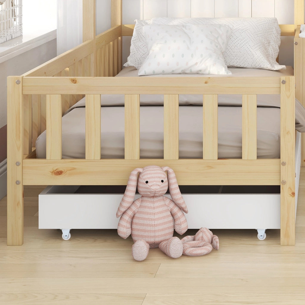 Letto a casa per bambini con cassetti e mensole in legno massello naturale 90x200 cm+140x70 cm
