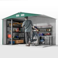 Casetta da Giardino 4.9 m² con Fondazione, 4 Prese d'Aria e 2 Porte Scorrevoli, Capanno Porta Attrezzi in Lamiera d'Acciaio, 277x195x192 cm, Verde Scuro