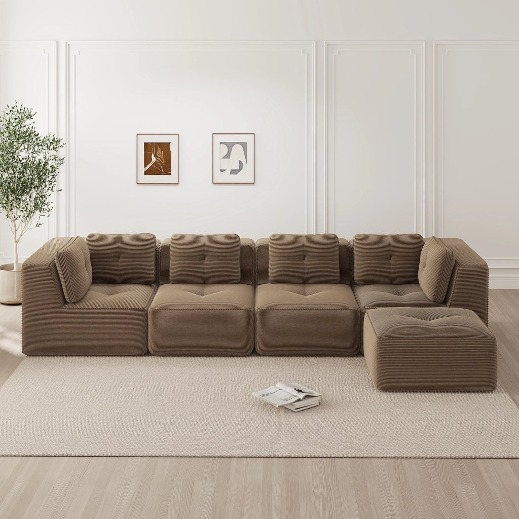 Divano angolare modulare senza struttura in tessuto corduroy con seduta profonda e design antiscivolo marrone