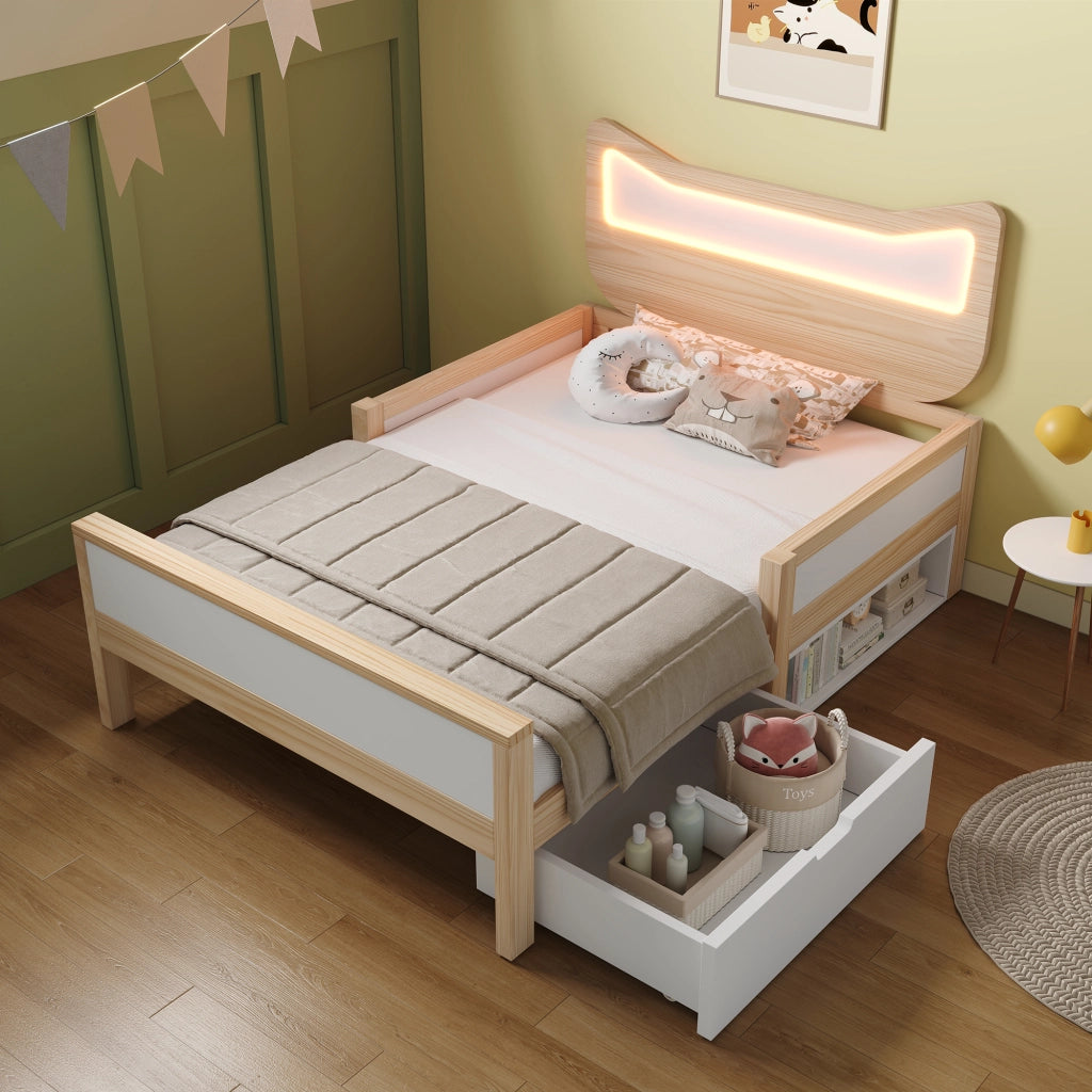 LETTO 90x200 cm con testiera gatto RGB LED, cassetto, legno bianco e rovere