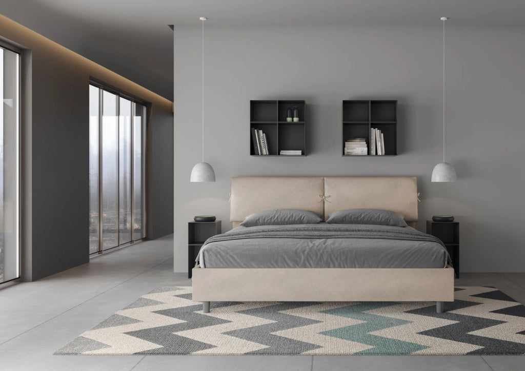 BS COM Letto matrimoniale king size con rete imbottito 180x210 microfibra sabbia