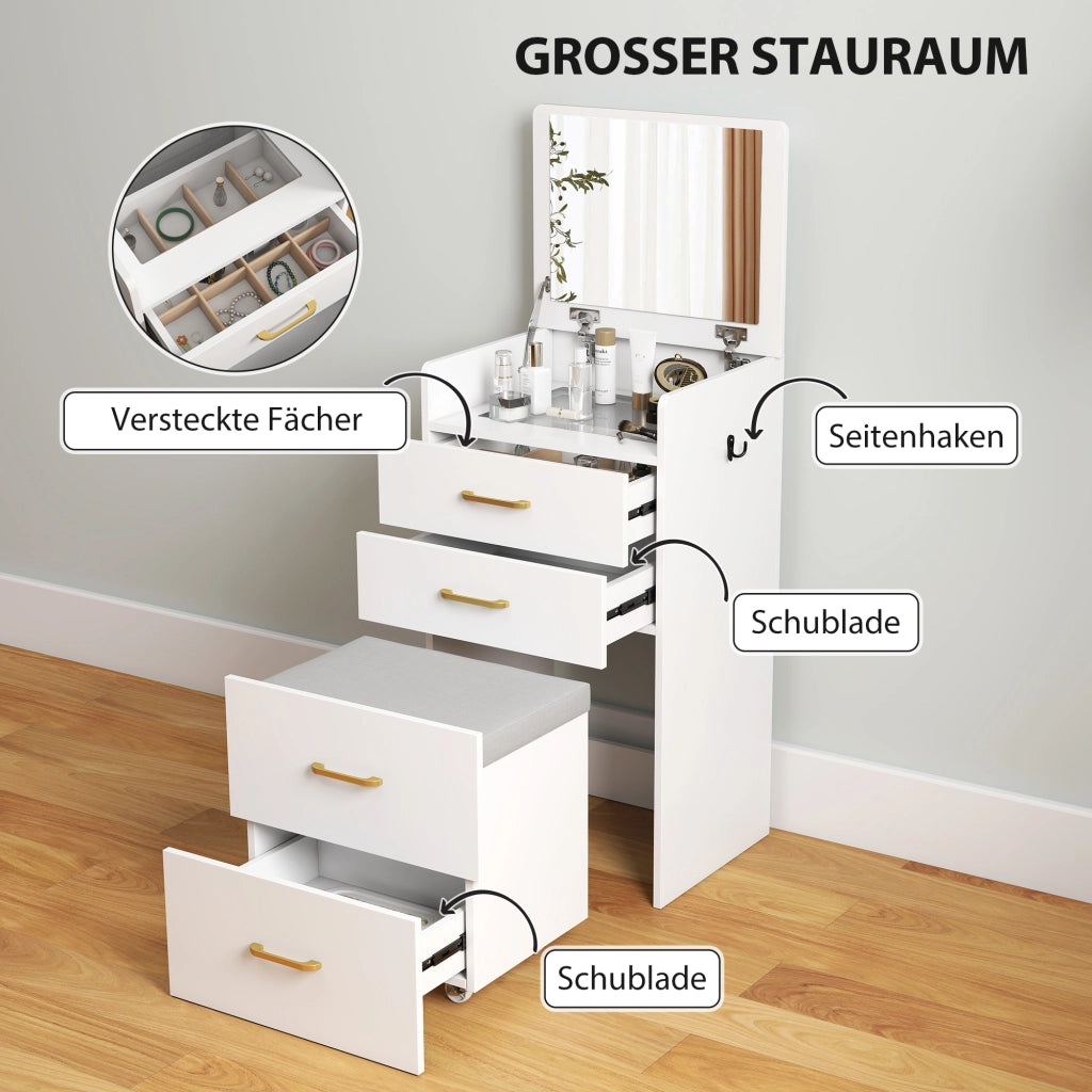 Tavolino trucco 3 in 1 con specchio, cassettiera e sgabello ¨C zephmum ¨C bianco