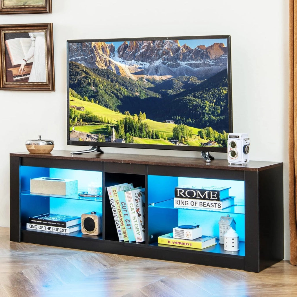 Mobile Porta TV con Luci LED, Supporto per TV fino a 65" con Ripiani di Vetro Temperato Regolabili e Telecomando, Mobile TV per Soggiorno, Studio, Camera da Letto, 140 x 35 x 47 cm