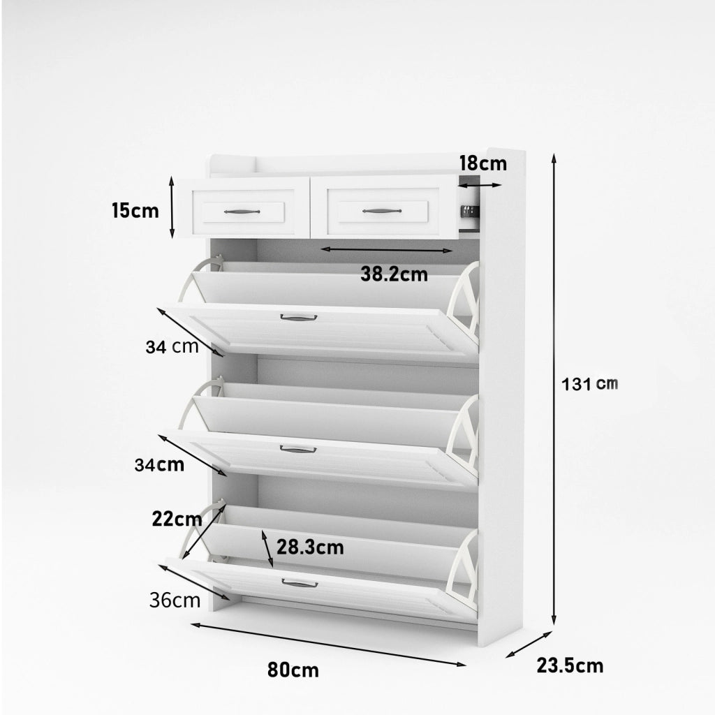 Scarpiera con 3 Ante a Ribalta e 2 Cassetti; Stile Moderno; in Pannelli di Truciolato; Bianco; 80×23;5×131 cm