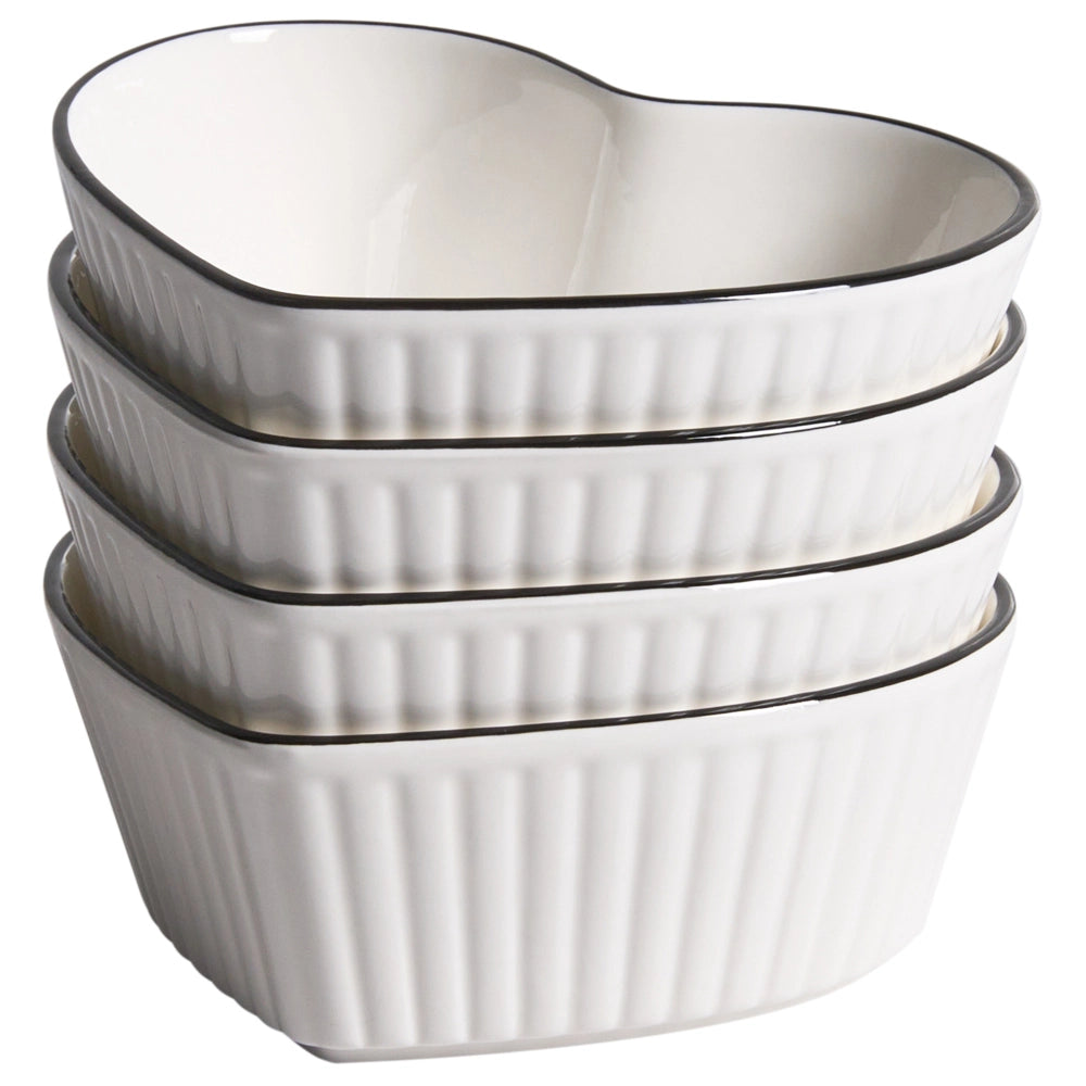 Set di 4 ciotole in porcellana bianca con finitura smaltata trasparente a forma di cuore per cucina e sala da pranzo