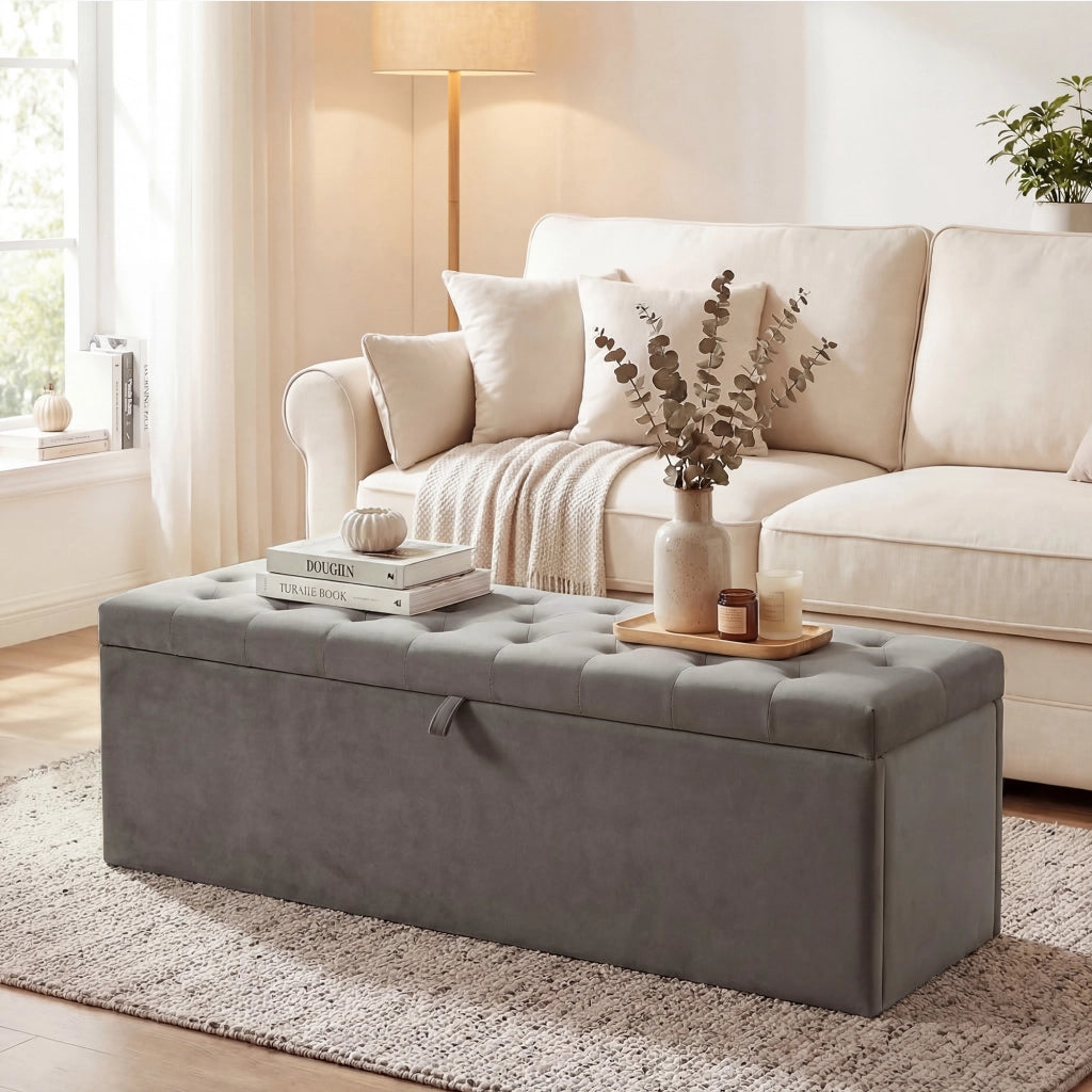 Cassapanca in Velluto con Seduta Imbottita ¨C Zephmum ¨C Grigio