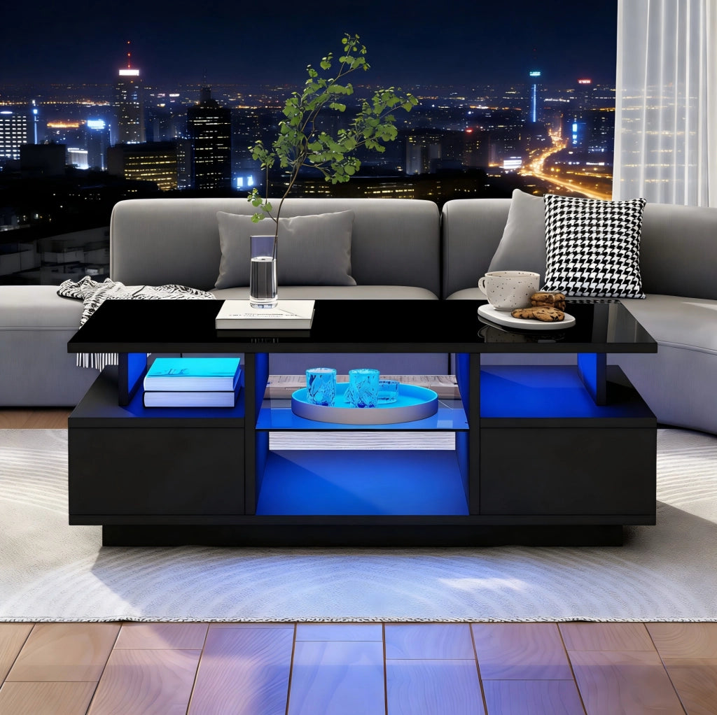 Tavolino da caffè 100x50x36 cm con LED; 2 cassetti e ripiani in vetro; nero lucido