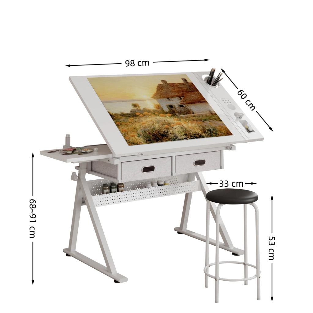 Scrivania da disegno regolabile con 2 cassetti e sgabello bianco per casa e ufficio