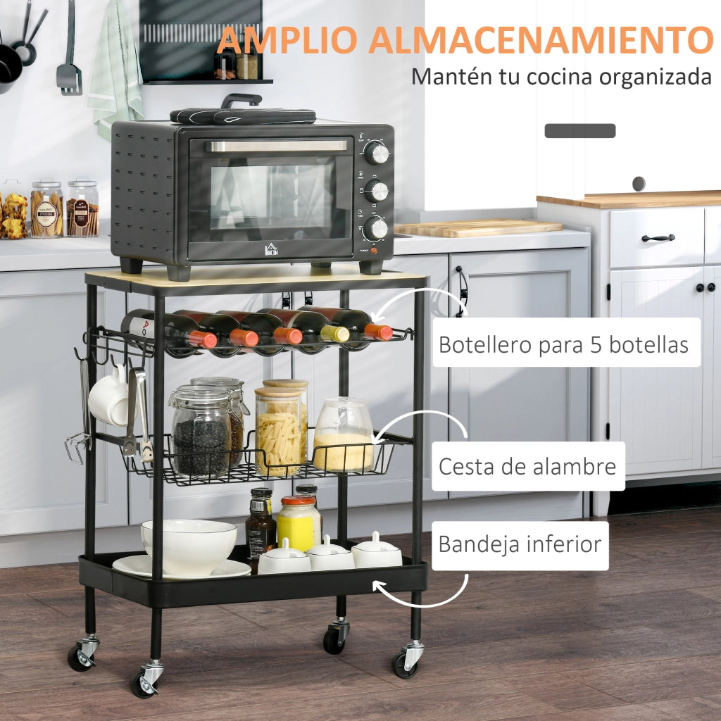Carrello Multiuso per Cucina con Cestino e Portabottiglie ¨C Zephmum ¨C Nero 60.5x35.5x75 cm