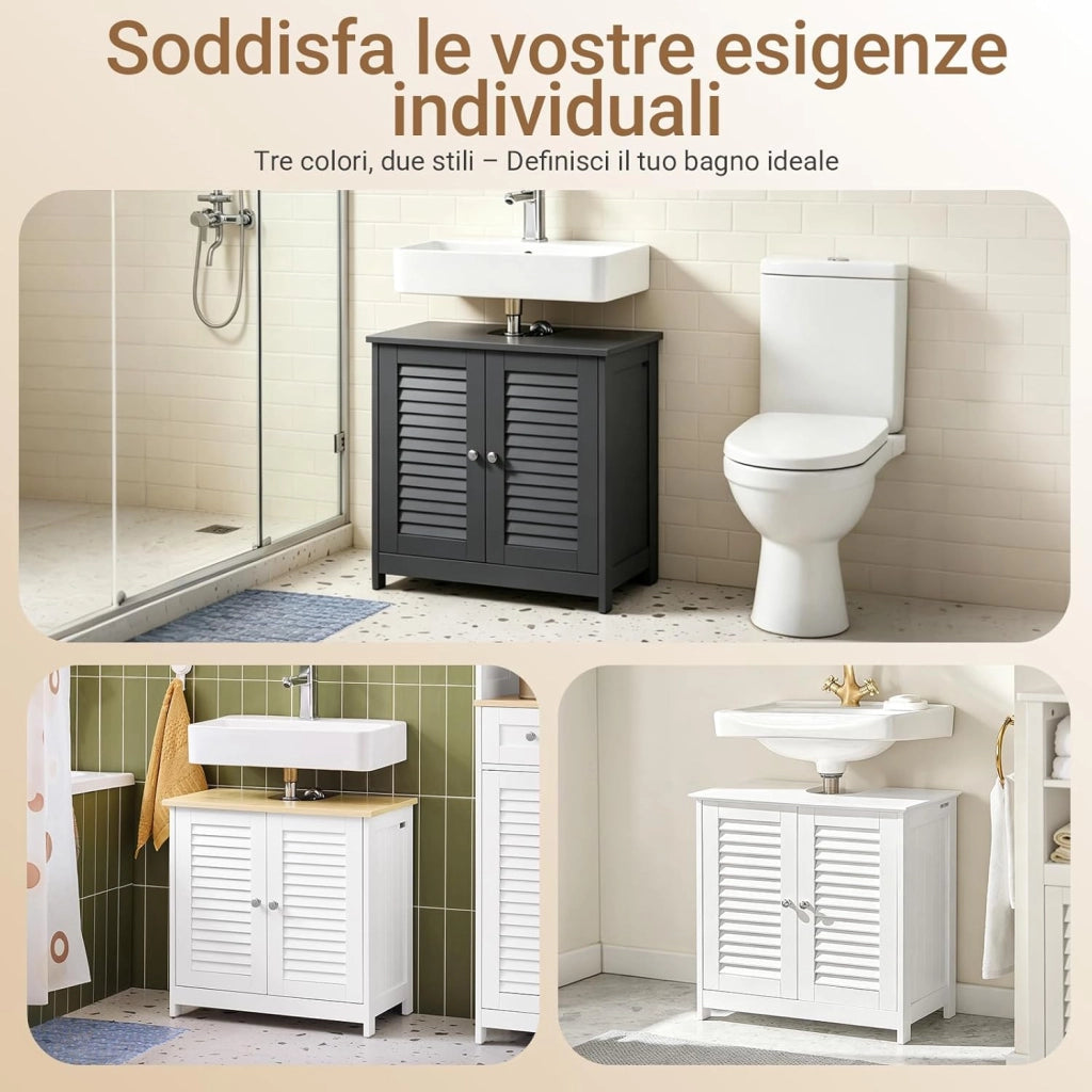 Mobile Bagno Sottolavabo - Mobiletto Bagno Salvaspazio con Mensole Regolabili, Mobile Lavabo in MDF, Antimuffa con Porta a Lamelle, per lavabo a muro, Grigio Scuro, 60x58x35cm, FRG237-DG