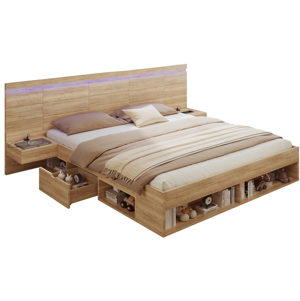 Letto matrimoniale con contenitore, illuminazione LED e prese USB integrate