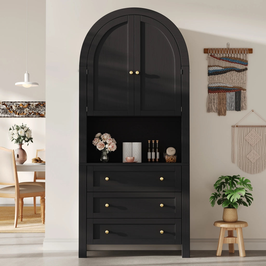 Armadio Alto con 2 Ante e 3 Cassetti; Vano Aperto; Design ad Arco; in MDF; Nero; 70??35??180 cm