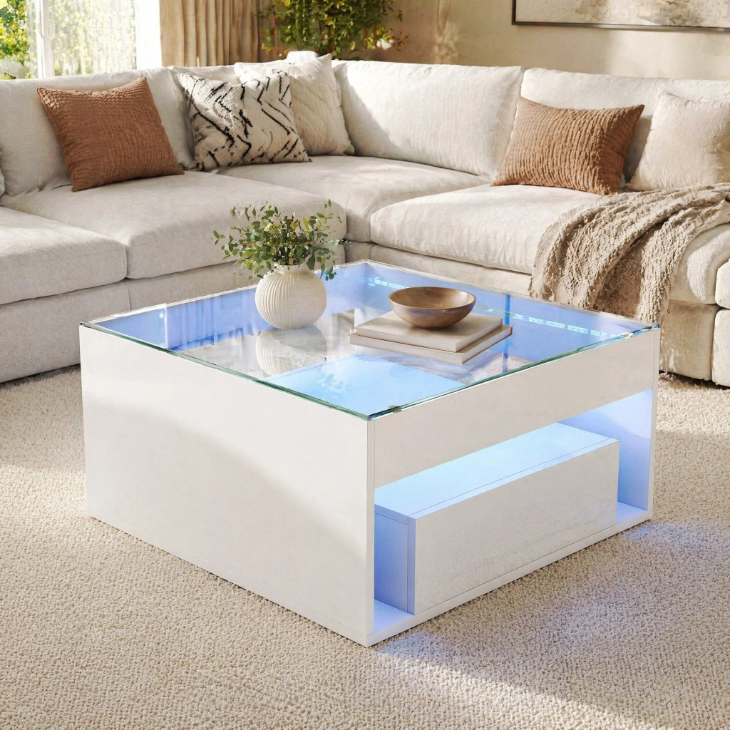 TAVOLINO DA CAFFÈ 70x70x35 cm Bianco in MDF e vetro temperato con LED