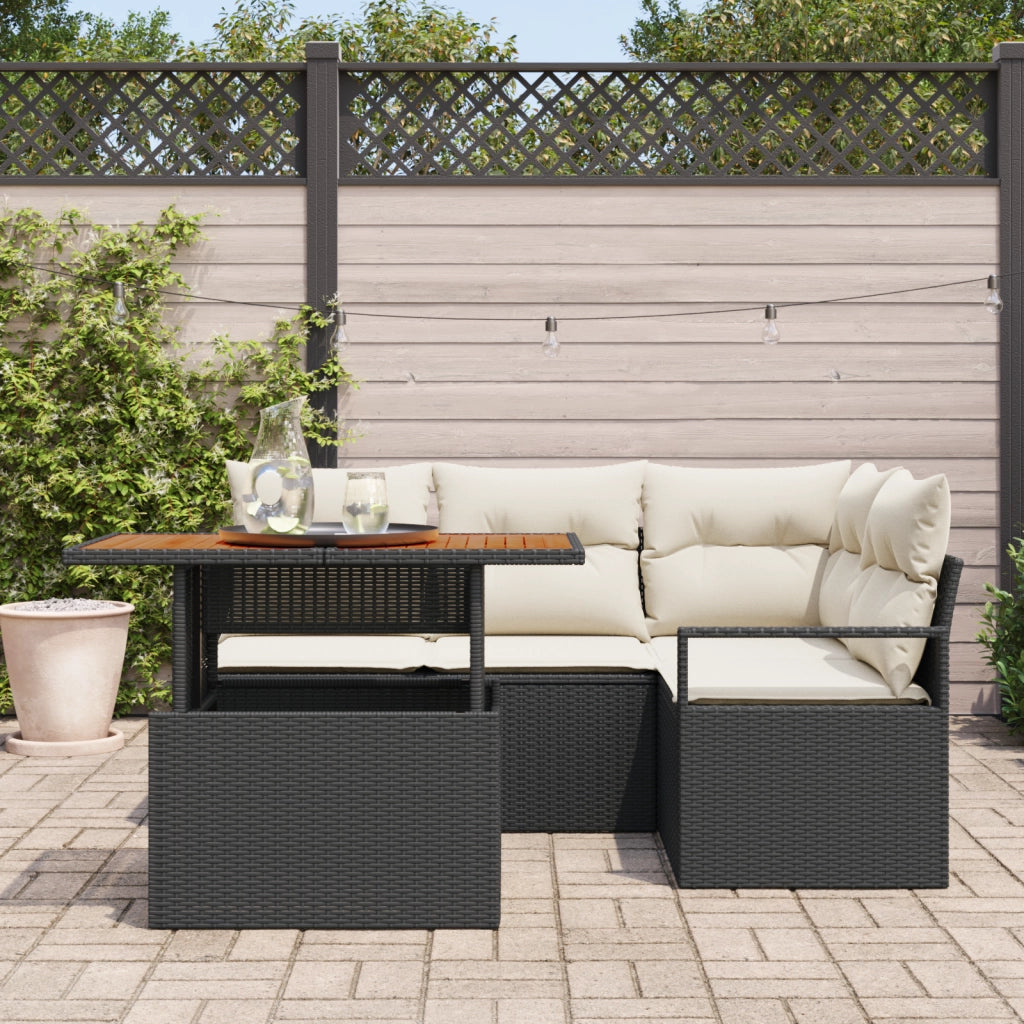 Set Giardino  5 Pezzi con Cuscini Rattan Polyrattan Nero Acacia