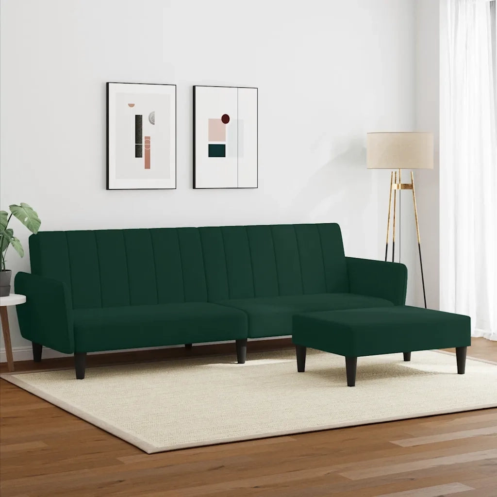 Divano Letto a 2 Posti con Poggiapiedi Verde Scuro in Velluto