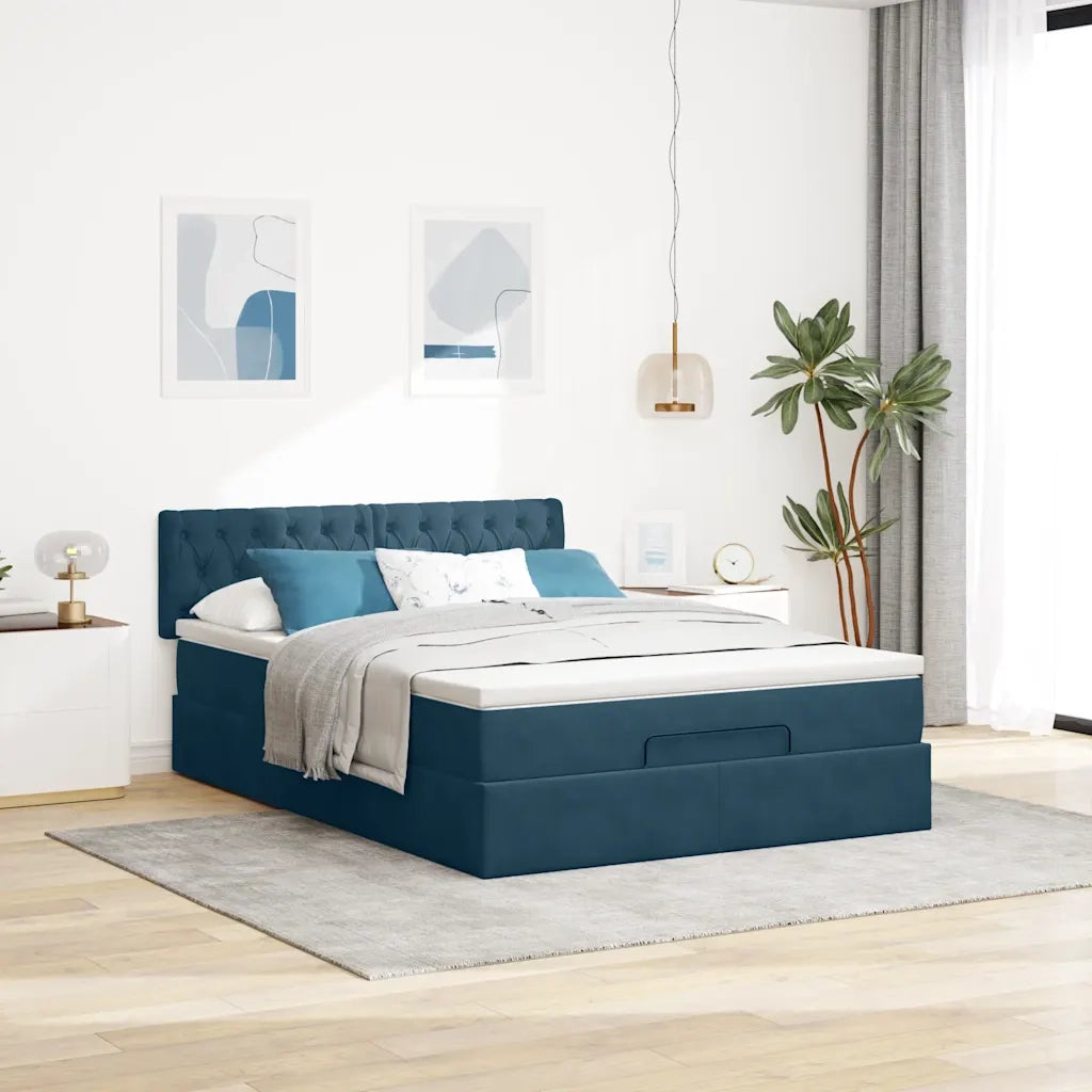 Struttura Letto Pouf con Materasso Blu 140x200cm in Velluto