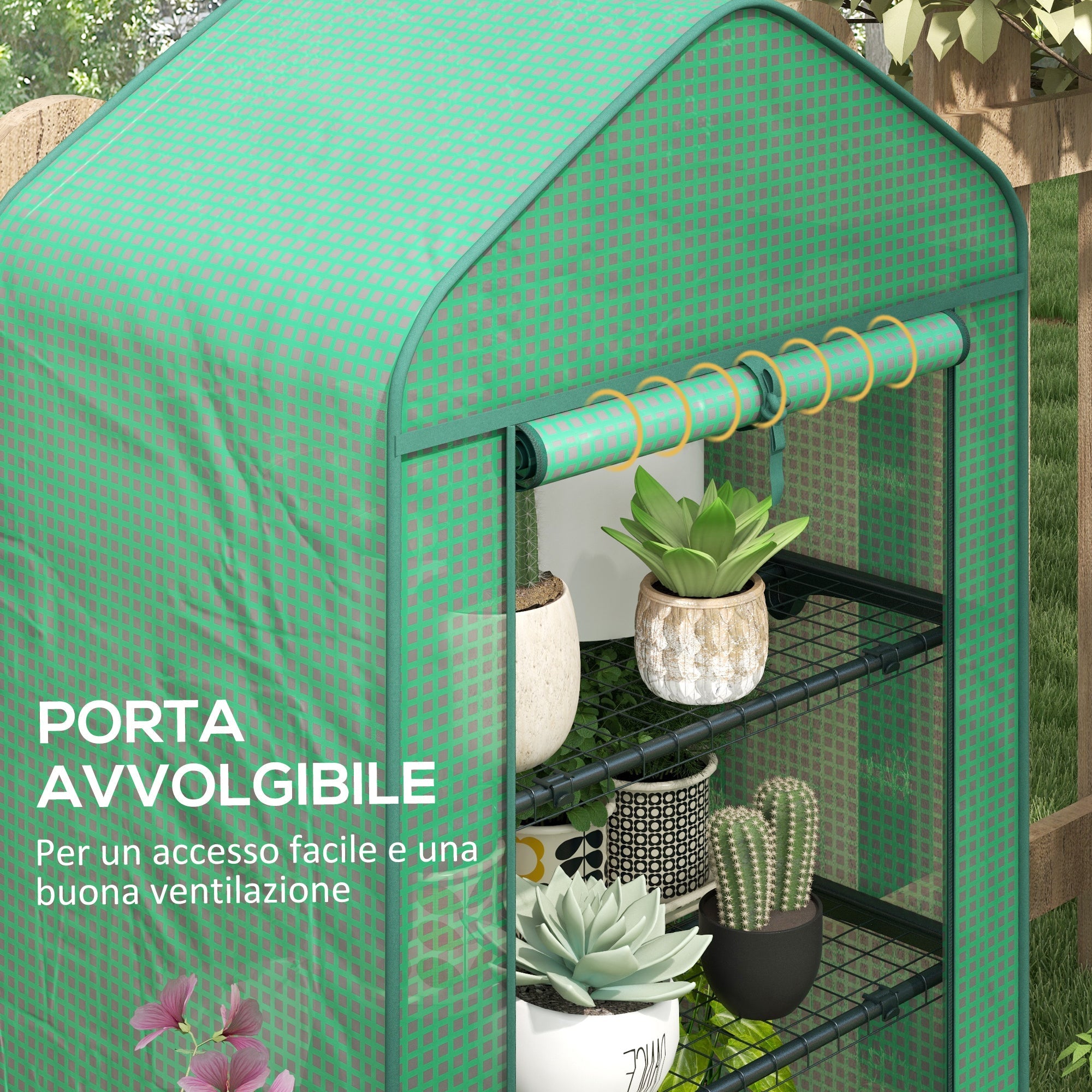 Serra per Piante a 4 Ripiani con Porta Avvolgibile 69x49x158 cm in Metallo e PE Verde Scuro