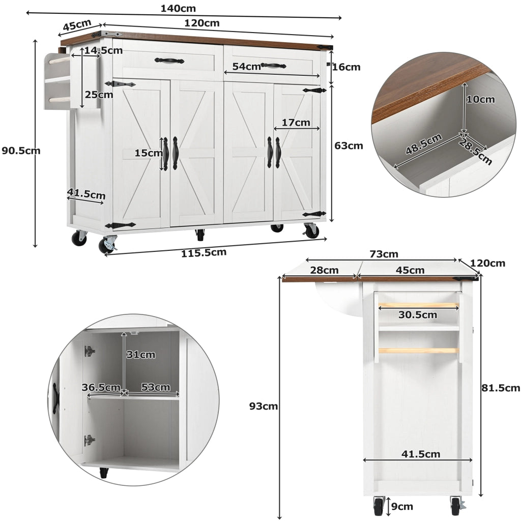 OKWISH Isola da Cucina con 4 Ante e 2 Cassetti, Piano Pieghevole, Portasciugamani e Ruote, per Cucina, MDF, Bianco