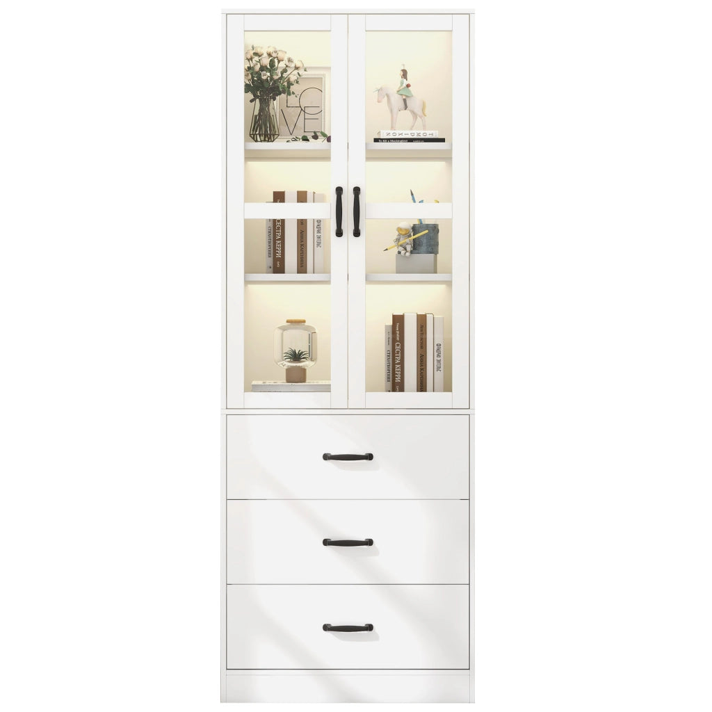 Vetrina bianca alta 200 cm con 2 ante, 3 cassetti e illuminazione LED USB