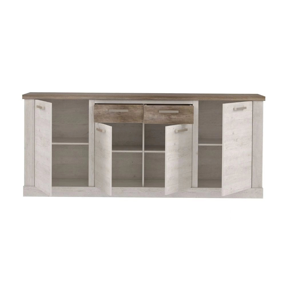 Madia Flux 4 ante e 2 cassetti 213 cm pino bianco con top rovere antico