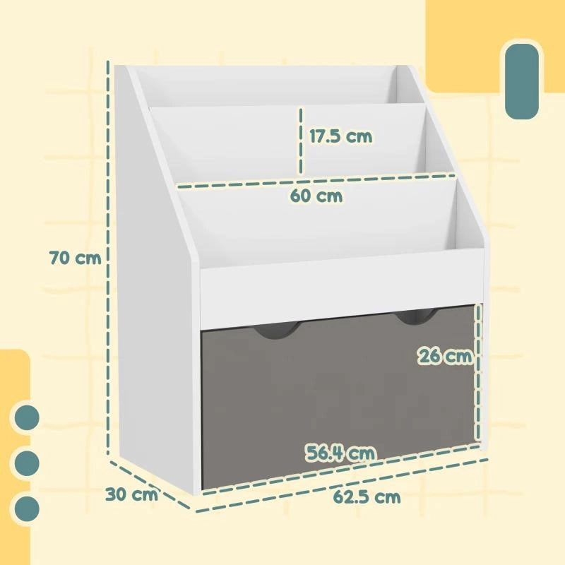 LIBRERIA PER BAMBINI 3-8 ANNI A 3 RIPIANI CON CASSETTO INFERIORE, IN MDF, 62.5X30X70 CM, GRIGIO