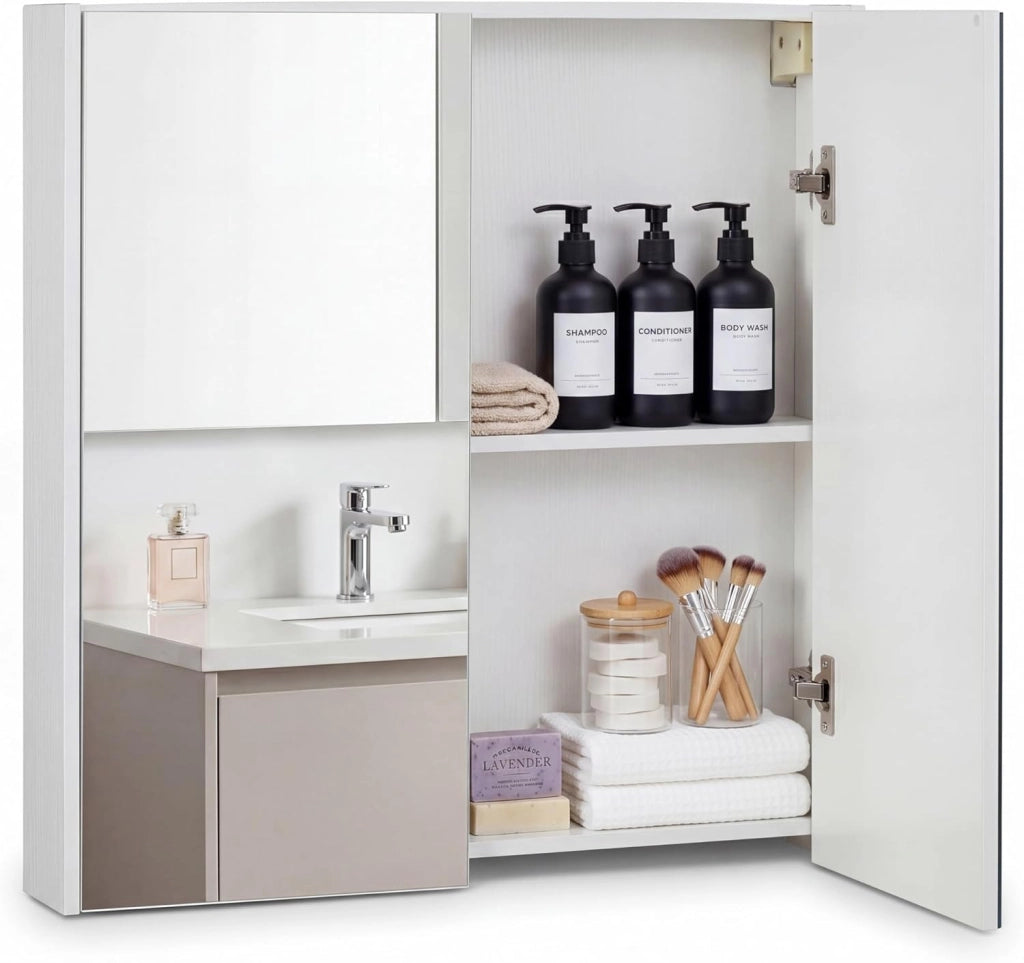 Armadietto da Bagno con Specchio, Mobiletto da Parete in Legno a 2 Livelli, Mobile da Bagno Salvaspazio con Doppia Anta per Camera da Letto, Ingresso e Soggiorno, 62 x 11 x 65 cm (Bianco)