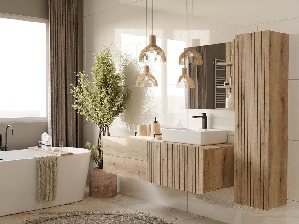 Mobile bagno sospeso colonna scaffale TIGO 1d rovere EVOKE scanalato frontale