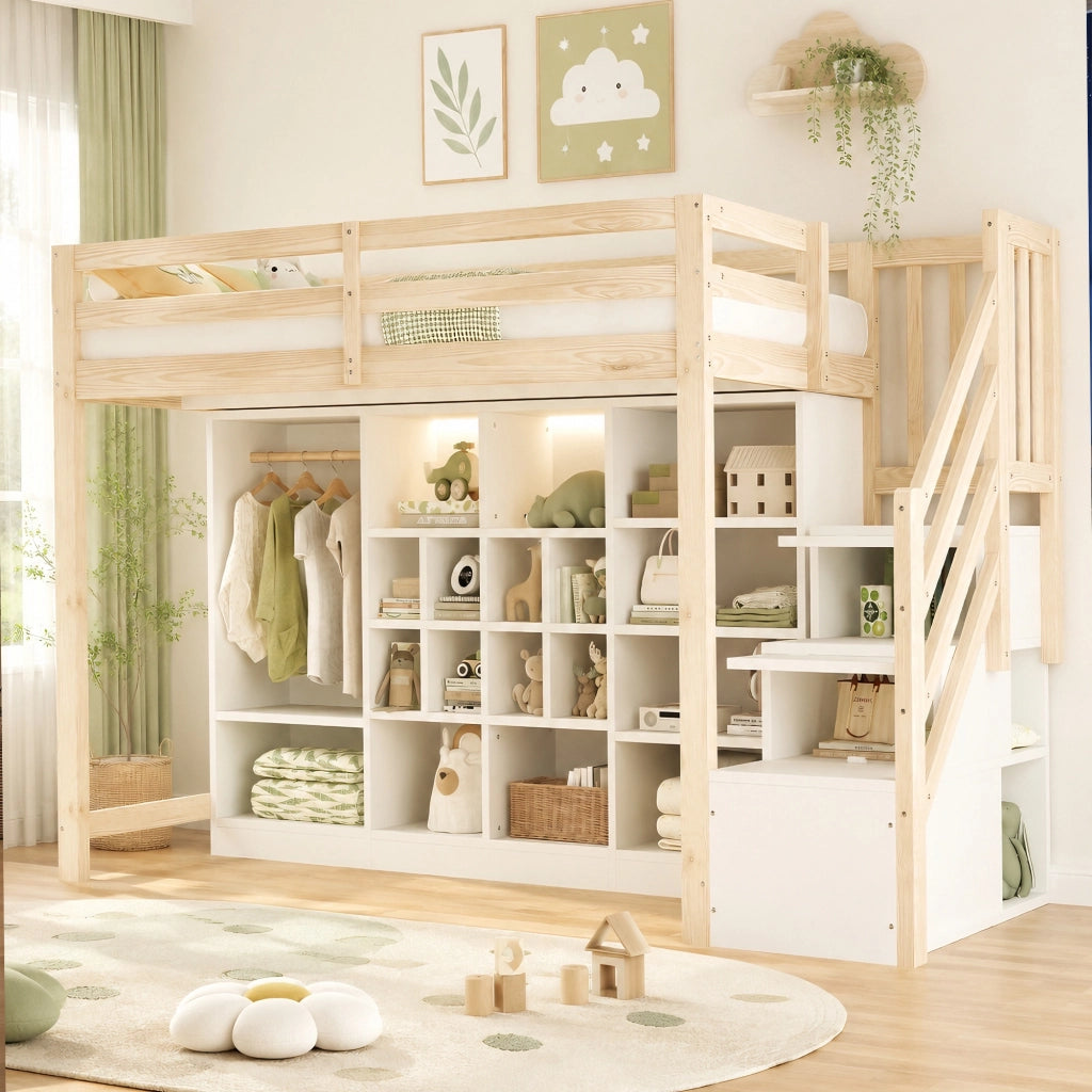 DESMIU Letto a soppalco 1 posto con vani, armadio e LED regolabile, 90 × 200 cm, senza materasso, legno bianco