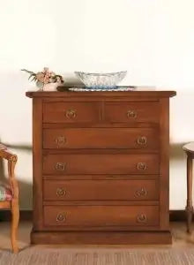 cassettiera settimino in legno arte povera noce scuro 4 + 2 larga con anelli