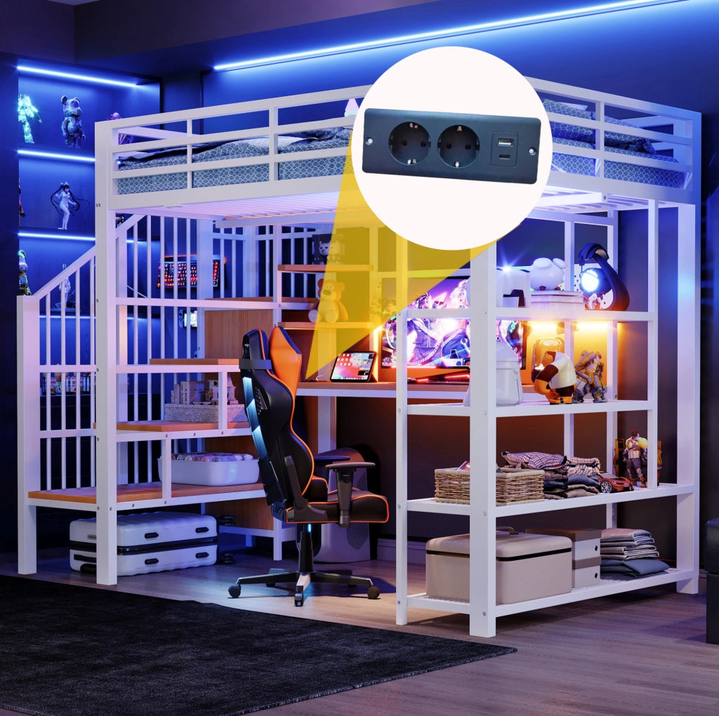 Letto a soppalco multifunzione 140x200 cm con scrivania, LED e prese, bianco