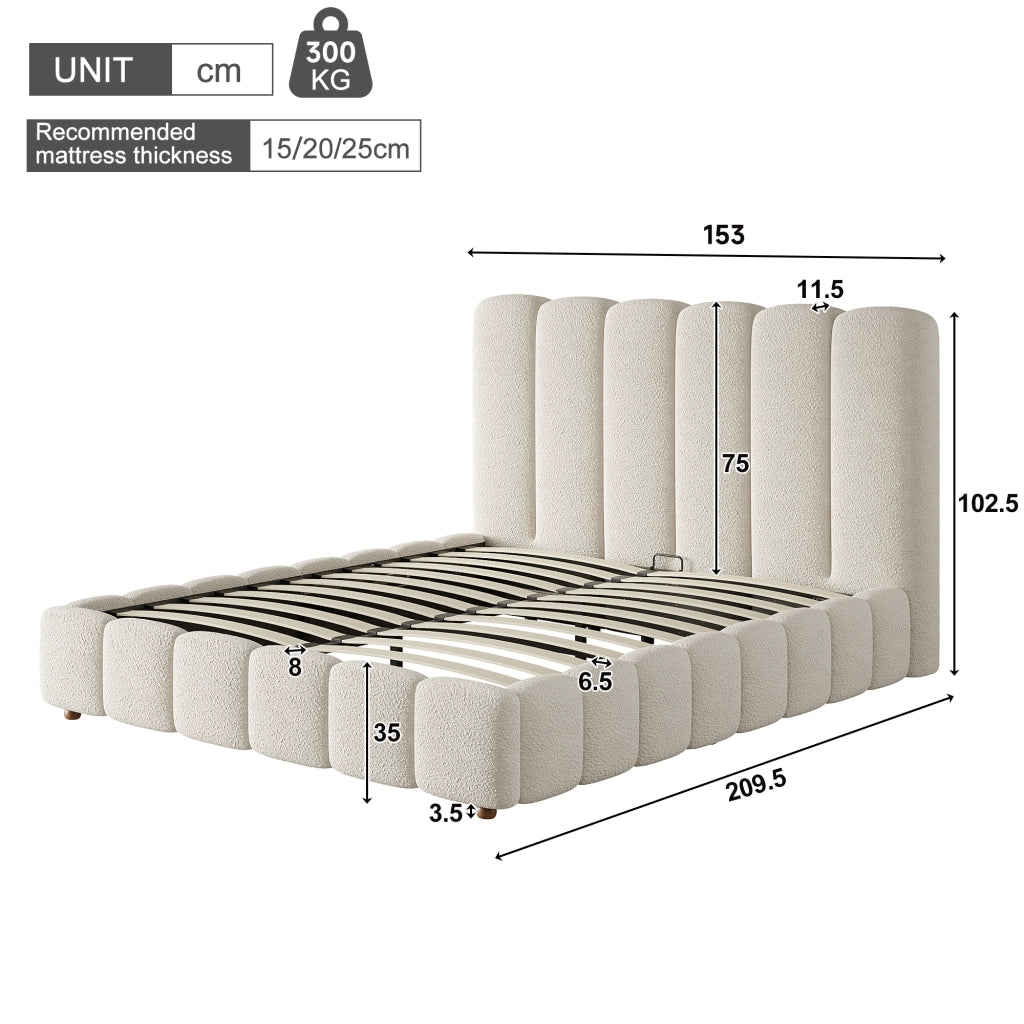 Letto imbottito con contenitore idraulico e testiera, 140x190 cm, bouclé bianco