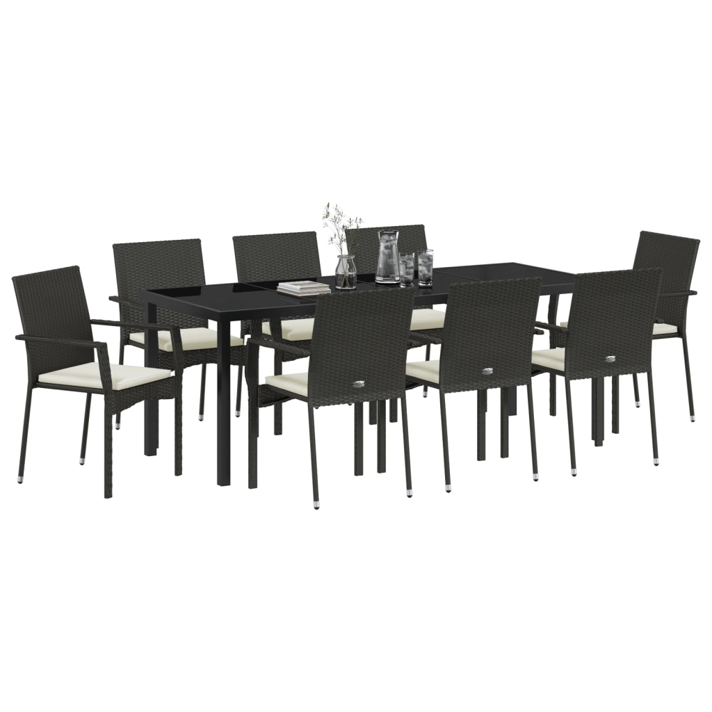Set pranzo giardino 9 pezzi cuscini Nero Polyrattan