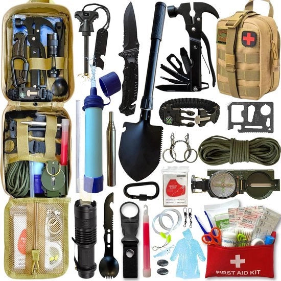 Kit di sopravvivenza Ultra-Completo + Kit di Primo Soccorso | Filtro a Maglia - Mini Chiave a Sbarra - Bussola - Tastiera Multifunzione - Termometro - Accendino - Attrezzi e Accessori