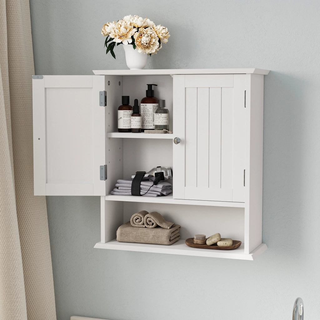 Armadietto bagno da parete bianco con doppia anta, ripiani regolabili e vani aperti, in MDF